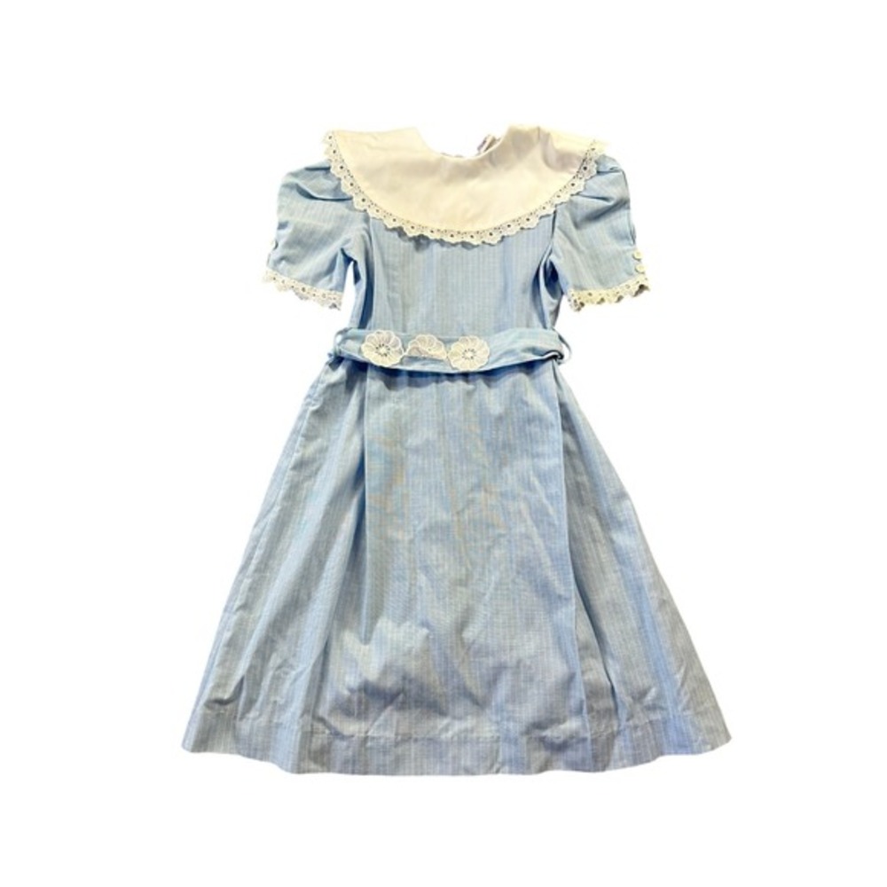 Vintage Bryan Girls Blue Pinstripe‎ Peter Pan Collar Eyelet Lace Dress Size 8